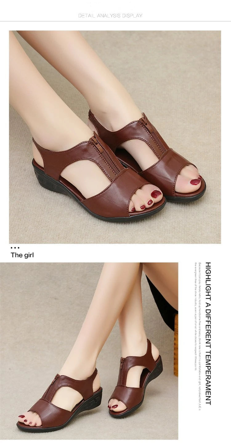 WOIZGIC Women Old Mother Laides Female Sandals Platform Shoes PU Leather Non Slip Beach Summer Cool Zipper Size 35-41 PGP-1153