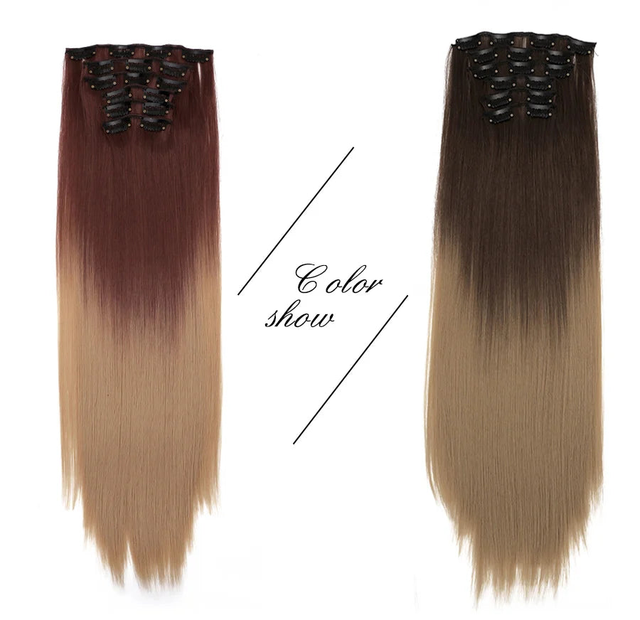 Alileader Synthetic Clip On Hair Extension 6Pcs/Set 22inch Straight Hairpiece Curly 16 Clips In Hair Ombre Heat Resistant Fiber