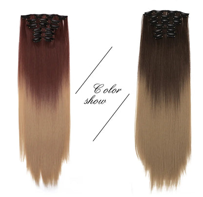 Alileader Synthetic Clip On Hair Extension 6Pcs/Set 22inch Straight Hairpiece Curly 16 Clips In Hair Ombre Heat Resistant Fiber