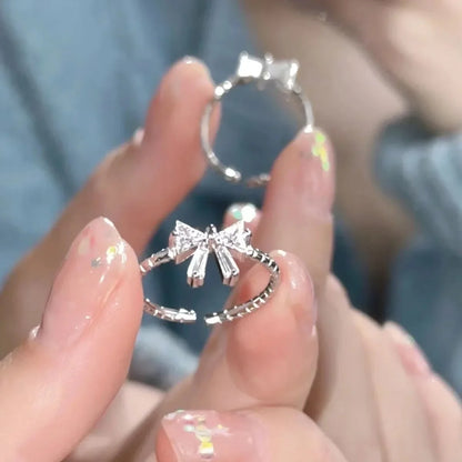 Romantic Lovely White Bowknot Rings Female Girls Exquisite Jewelry Ring with Shiny Bow Tie Zircon for Party Dating Lovers Gifts