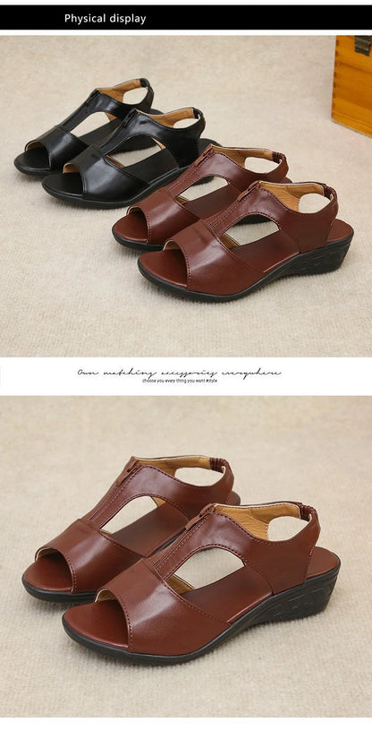 WOIZGIC Women Old Mother Laides Female Sandals Platform Shoes PU Leather Non Slip Beach Summer Cool Zipper Size 35-41 PGP-1153