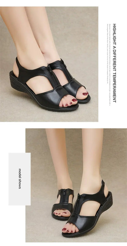 WOIZGIC Women Old Mother Laides Female Sandals Platform Shoes PU Leather Non Slip Beach Summer Cool Zipper Size 35-41 PGP-1153