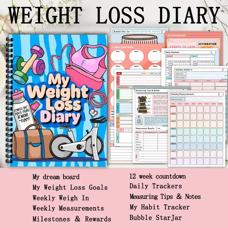 A5 Weight Loss Diary with Fitness Equipment Design,Daily and Weekly Diet Trackers,Gradual Diet Plans, Motivational Goal Trackers