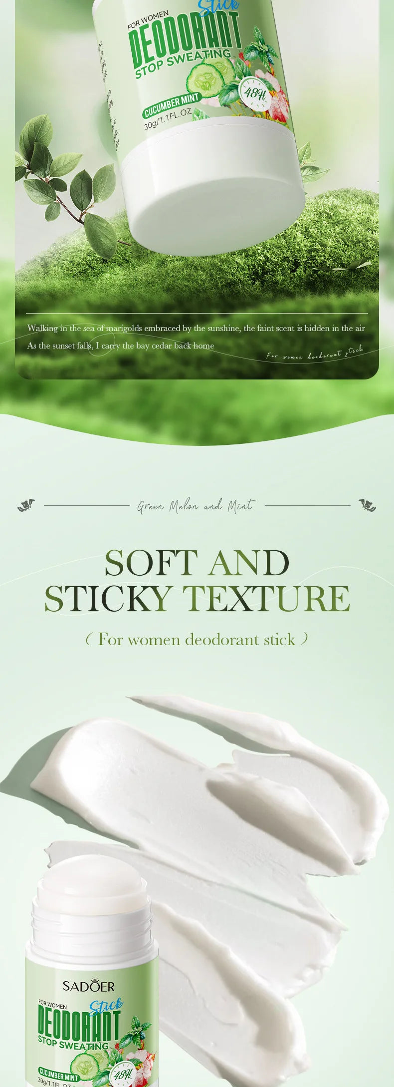 SADOER Women Anti Sweat Deodorant Roller Sweaty Body Armpits Underarm Neck Reduces Odor Refreshing Stop Sweating Cream