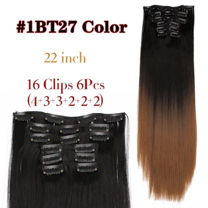 Leeons 16Clips Long Straight Synthetic Clip On Hair Extensions Cheveux Clip Naturel High Temperature Fiber Black Brown Hairpiece