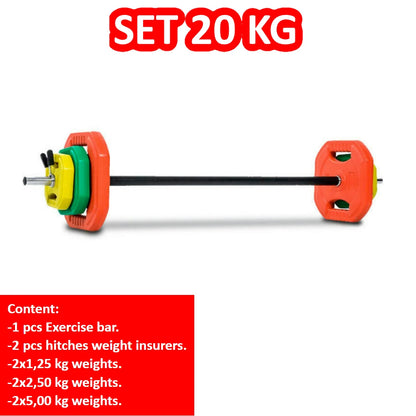 weight and bar set, total 20 kg, adjustável, ideal for treining at home, various weigns you available in our loop