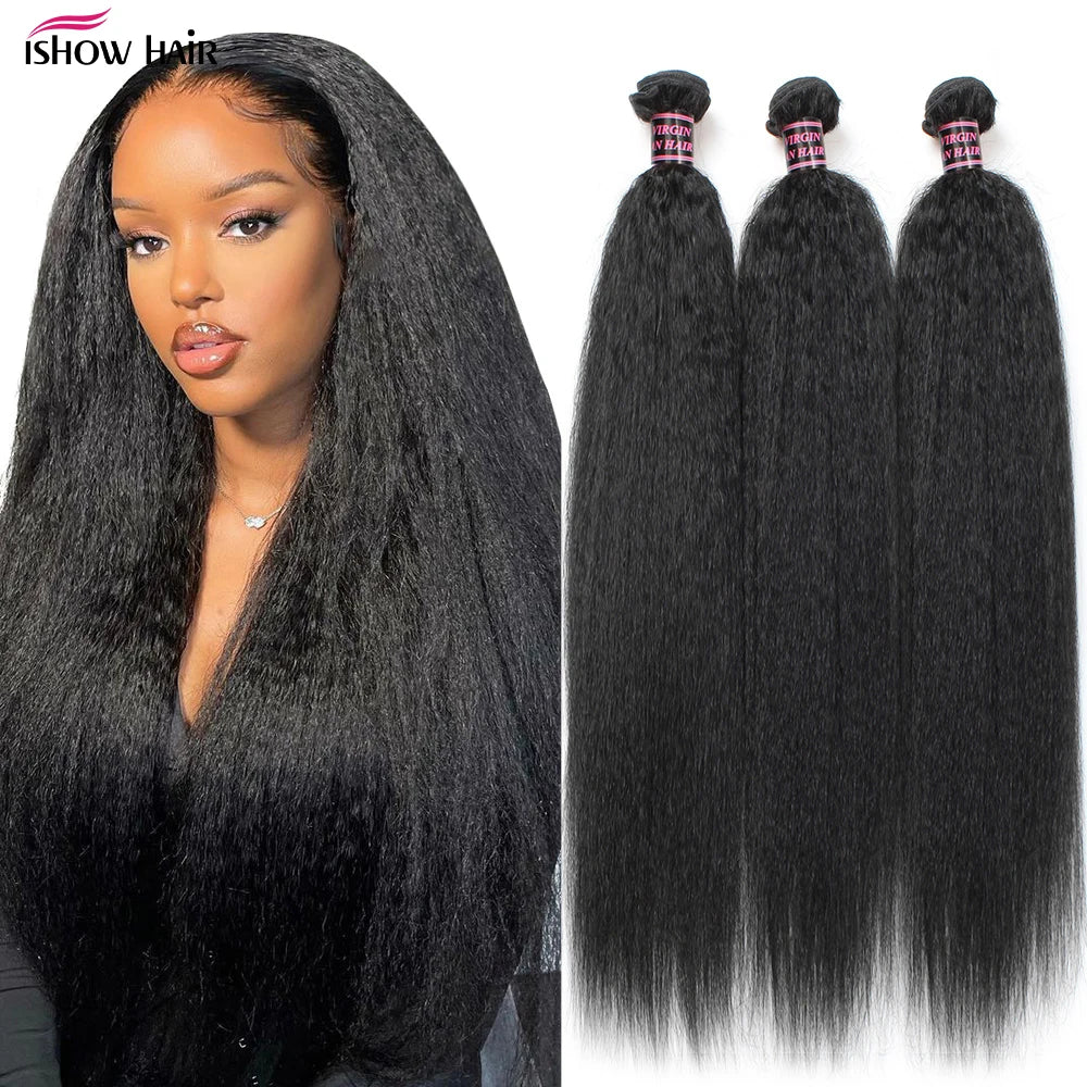 Ishow Kinky Straight Bundles Brazilian Yaki Straight Hair Bundles For Women 1/3/4pcs Human Hair Bundles Remy Hair Extension