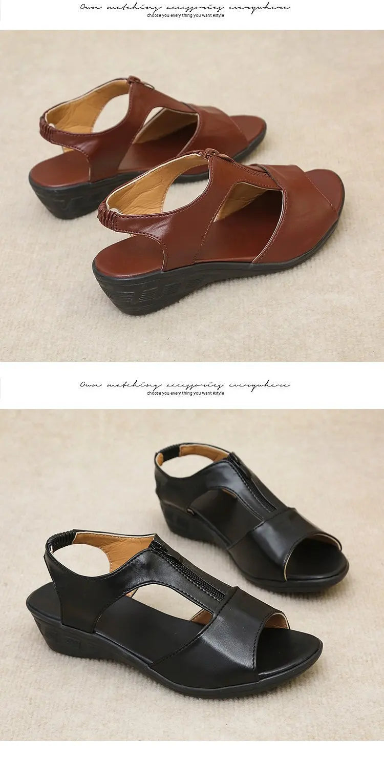 WOIZGIC Women Old Mother Laides Female Sandals Platform Shoes PU Leather Non Slip Beach Summer Cool Zipper Size 35-41 PGP-1153