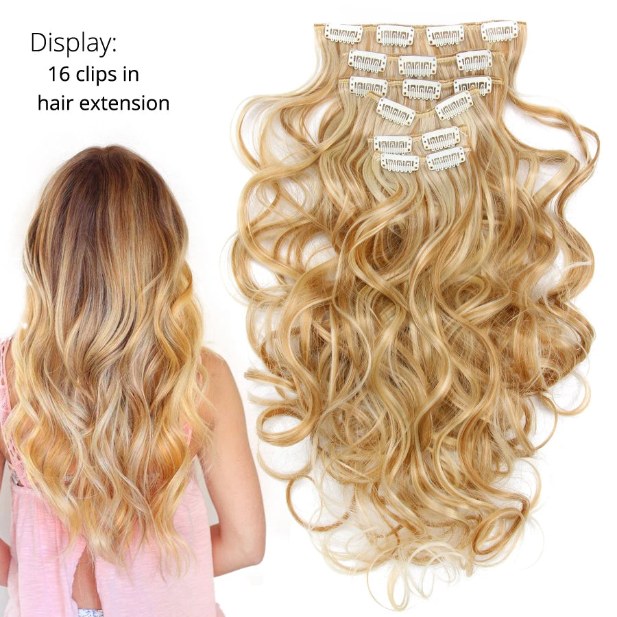 Alileader Synthetic Clip On Hair Extension 6Pcs/Set 22inch Straight Hairpiece Curly 16 Clips In Hair Ombre Heat Resistant Fiber