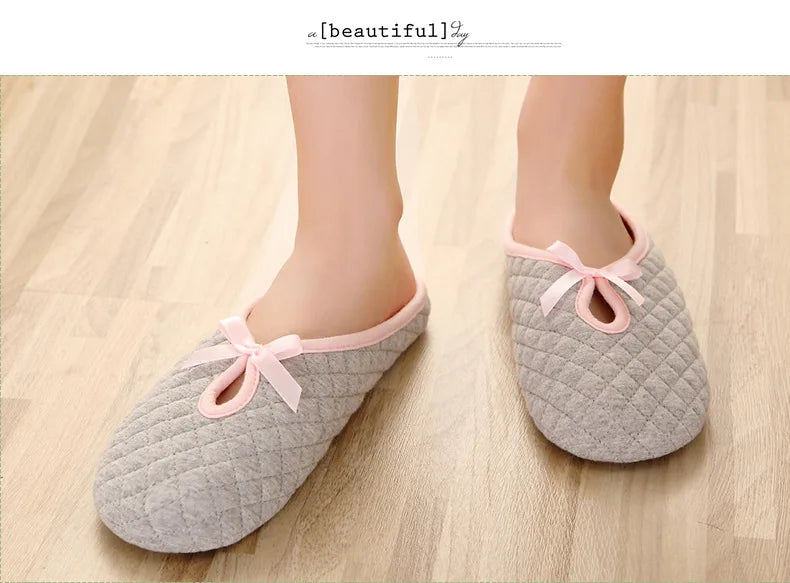 Lovely Bowtie Winter Women Home Slippers For Indoor Bedroom House Soft Bottom Cotton Warm Shoes Adult Guests Flats