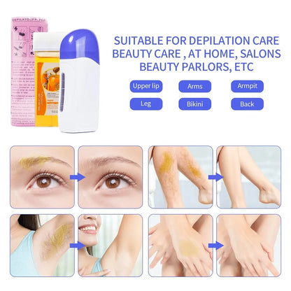 Honey Epilatory Waxing Kit Depilatory Roll on Wax Heater Machine with Refillable Wax Cream&100PCS Waxing Papers For Hair Removal