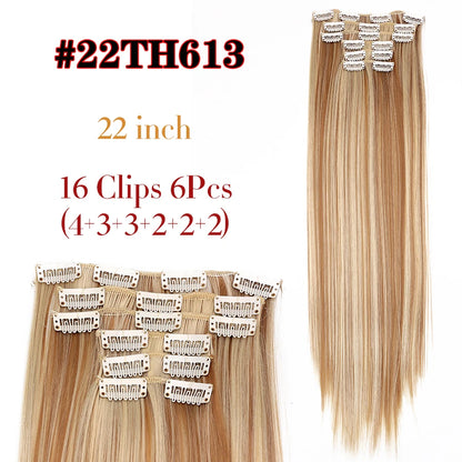 Alileader Synthetic Clip On Hair Extension 6Pcs/Set 22inch Straight Hairpiece Curly 16 Clips In Hair Ombre Heat Resistant Fiber