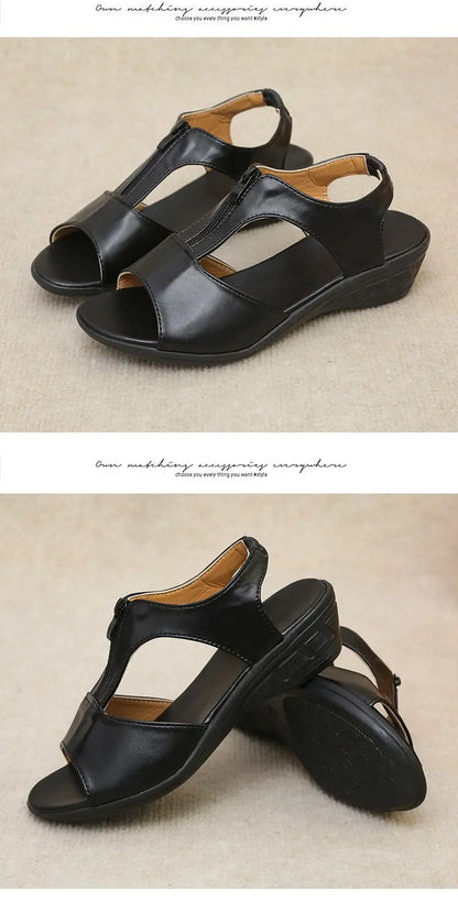 WOIZGIC Women Old Mother Laides Female Sandals Platform Shoes PU Leather Non Slip Beach Summer Cool Zipper Size 35-41 PGP-1153