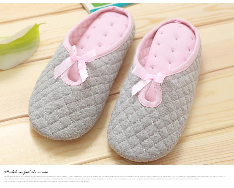 Lovely Bowtie Winter Women Home Slippers For Indoor Bedroom House Soft Bottom Cotton Warm Shoes Adult Guests Flats