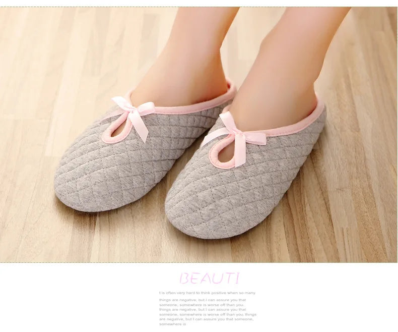 Lovely Bowtie Winter Women Home Slippers For Indoor Bedroom House Soft Bottom Cotton Warm Shoes Adult Guests Flats