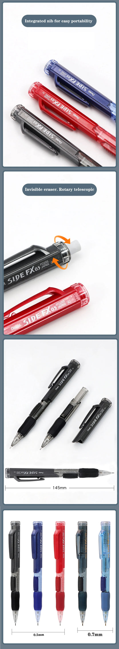 Japan Pentel PD255 Mechanical Pencils 0.5mm Side Extrusion Lead Eraser Head Retractable Classic Cute School Supplies Stationery