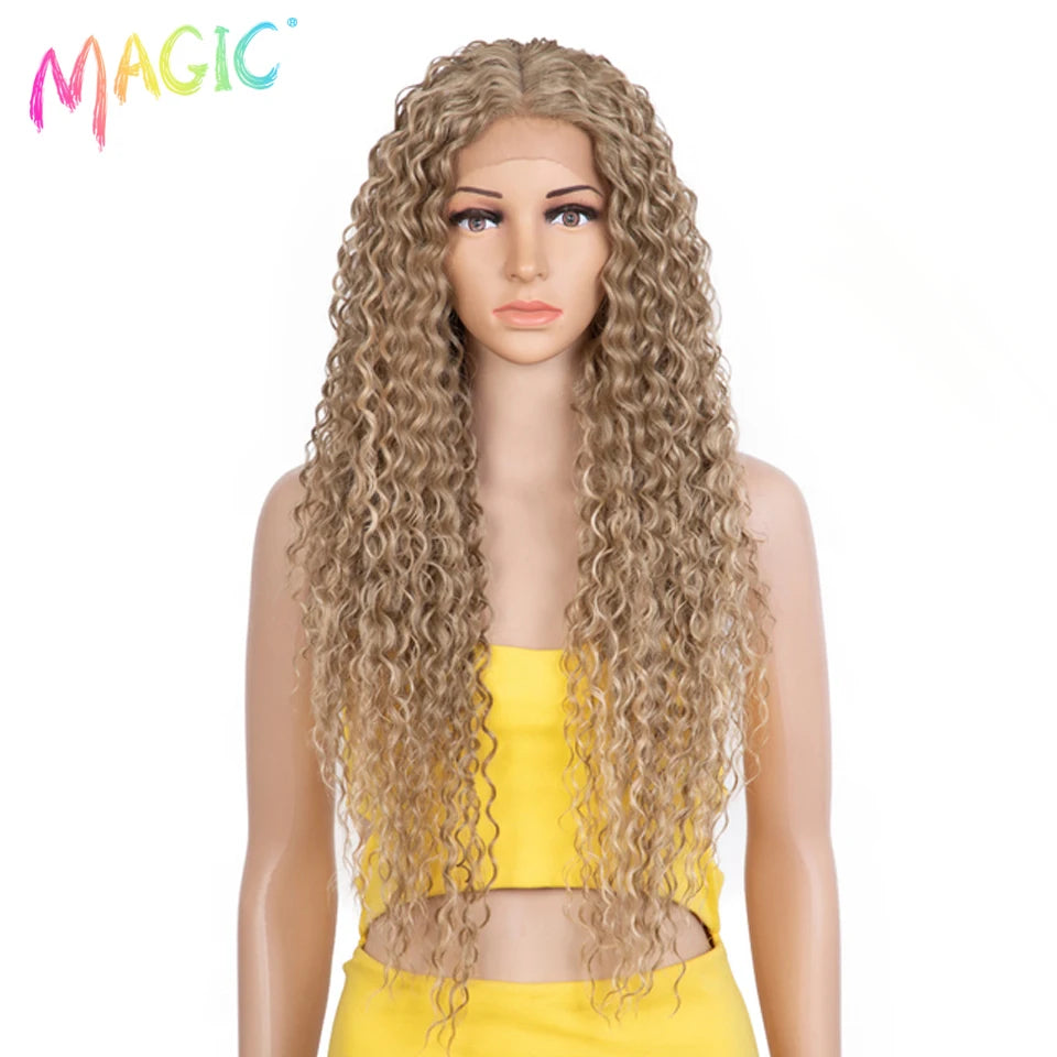 Magic Synthetic Lace Wig Wave Wigs Omber Blonde Wig High Temperature Fiber Curly Hair Wigs For Women Cosplay Lace Front Wig