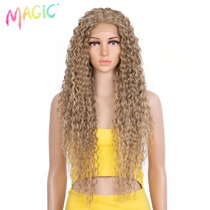 Magic Synthetic Lace Wig Wave Wigs Omber Blonde Wig High Temperature Fiber Curly Hair Wigs For Women Cosplay Lace Front Wig