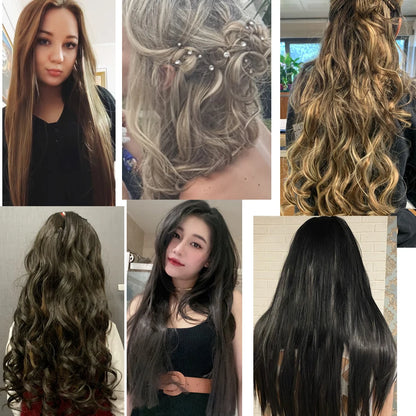 Alileader Synthetic Clip On Hair Extension 6Pcs/Set 22inch Straight Hairpiece Curly 16 Clips In Hair Ombre Heat Resistant Fiber
