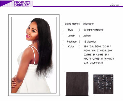 Alileader Synthetic Clip On Hair Extension 6Pcs/Set 22inch Straight Hairpiece Curly 16 Clips In Hair Ombre Heat Resistant Fiber