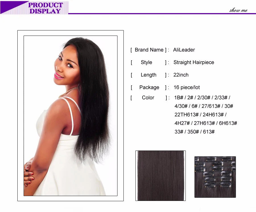 Alileader Synthetic Clip On Hair Extension 6Pcs/Set 22inch Straight Hairpiece Curly 16 Clips In Hair Ombre Heat Resistant Fiber