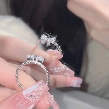 Romantic Lovely White Bowknot Rings Female Girls Exquisite Jewelry Ring with Shiny Bow Tie Zircon for Party Dating Lovers Gifts