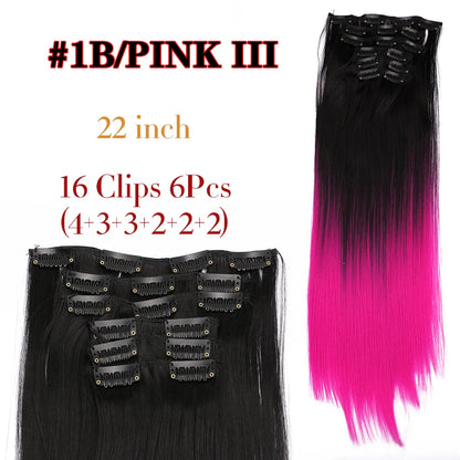 Alileader Synthetic Clip On Hair Extension 6Pcs/Set 22inch Straight Hairpiece Curly 16 Clips In Hair Ombre Heat Resistant Fiber