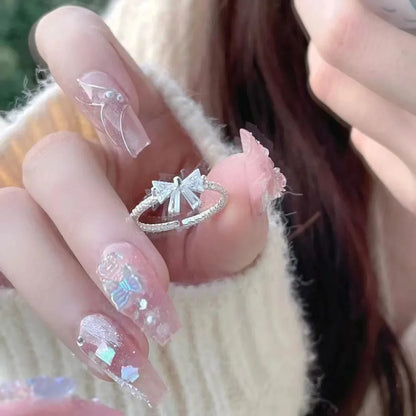Romantic Lovely White Bowknot Rings Female Girls Exquisite Jewelry Ring with Shiny Bow Tie Zircon for Party Dating Lovers Gifts