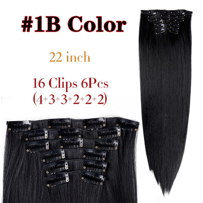 Leeons 16Clips Long Straight Synthetic Clip On Hair Extensions Cheveux Clip Naturel High Temperature Fiber Black Brown Hairpiece
