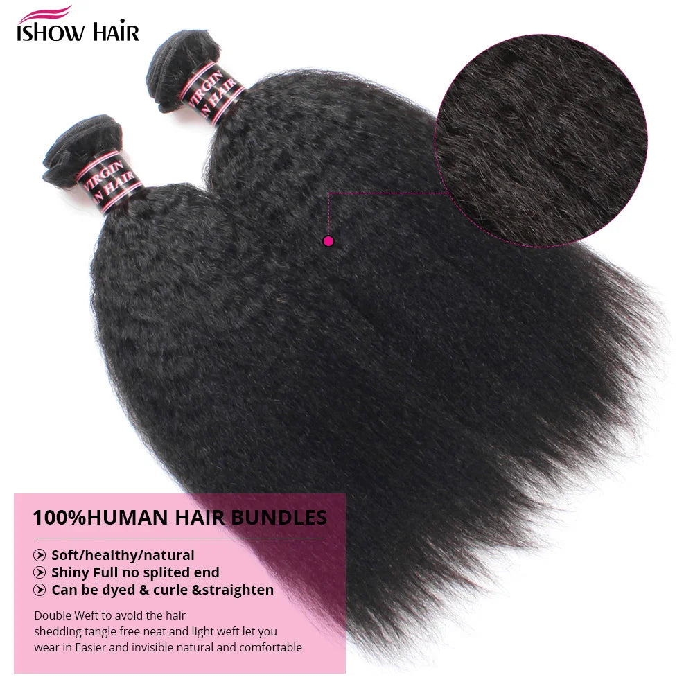 Ishow Kinky Straight Bundles Brazilian Yaki Straight Hair Bundles For Women 1/3/4pcs Human Hair Bundles Remy Hair Extension