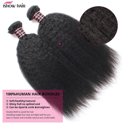 Ishow Kinky Straight Bundles Brazilian Yaki Straight Hair Bundles For Women 1/3/4pcs Human Hair Bundles Remy Hair Extension