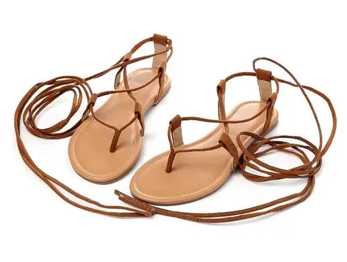 Eilyken Summer Roman Sandals Cross-Strap Tall Knee High Bondage Thong Flat Women Sandals Flip Flops Black Apricot