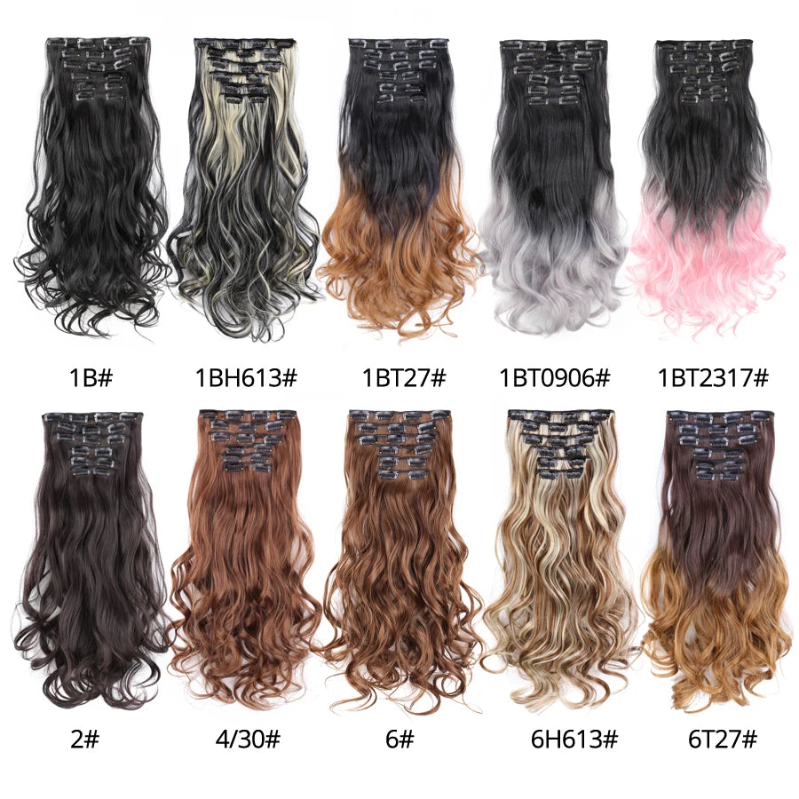 Alileader Synthetic Clip On Hair Extension 6Pcs/Set 22inch Straight Hairpiece Curly 16 Clips In Hair Ombre Heat Resistant Fiber