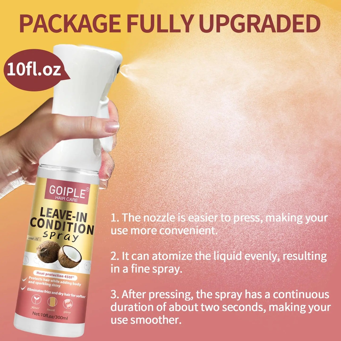 300ml Coconut Leave In Conditioner Spray for Curly Hair Smoothing Anti-Frizzle Soften Hair Protection Spray for Heat Damaged