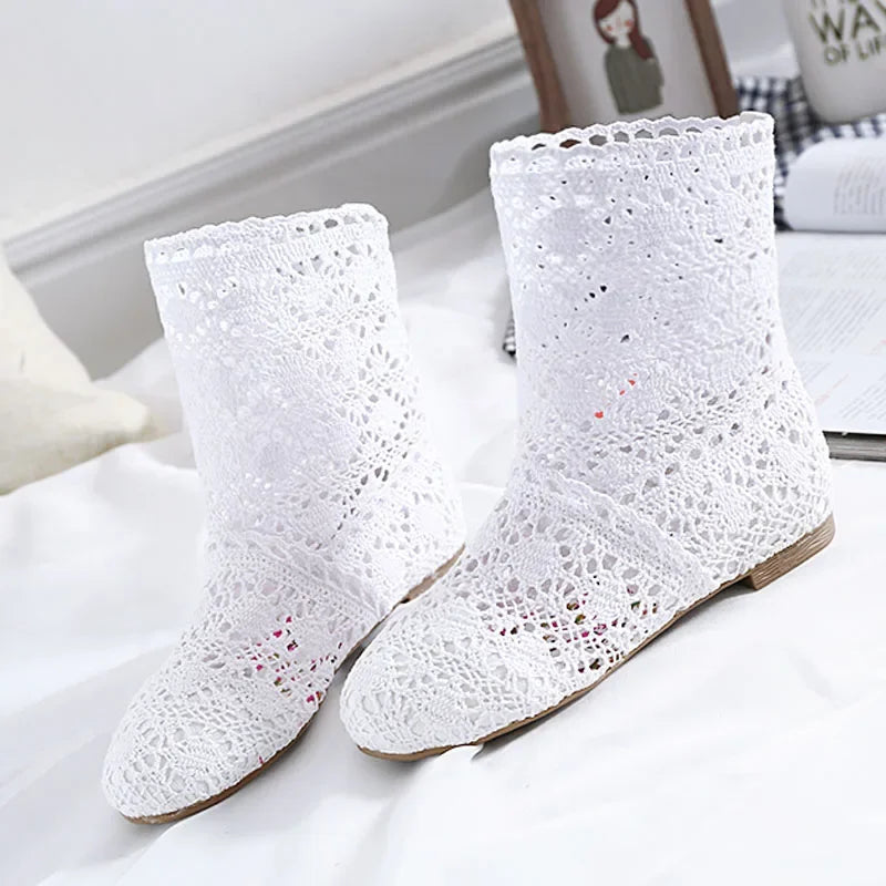Summer Shoes Breathable Mesh Summer Boots Women Flat Heel Ankle Botas Womens Boots Fashion Cut-Outs Brand ZH262
