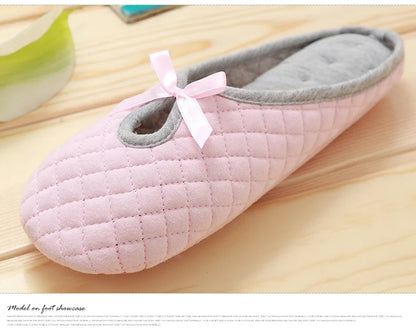 Lovely Bowtie Winter Women Home Slippers For Indoor Bedroom House Soft Bottom Cotton Warm Shoes Adult Guests Flats