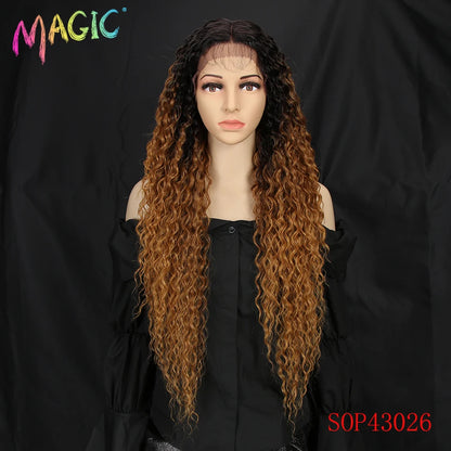 Magic Synthetic Lace Wig Wave Wigs Omber Blonde Wig High Temperature Fiber Curly Hair Wigs For Women Cosplay Lace Front Wig