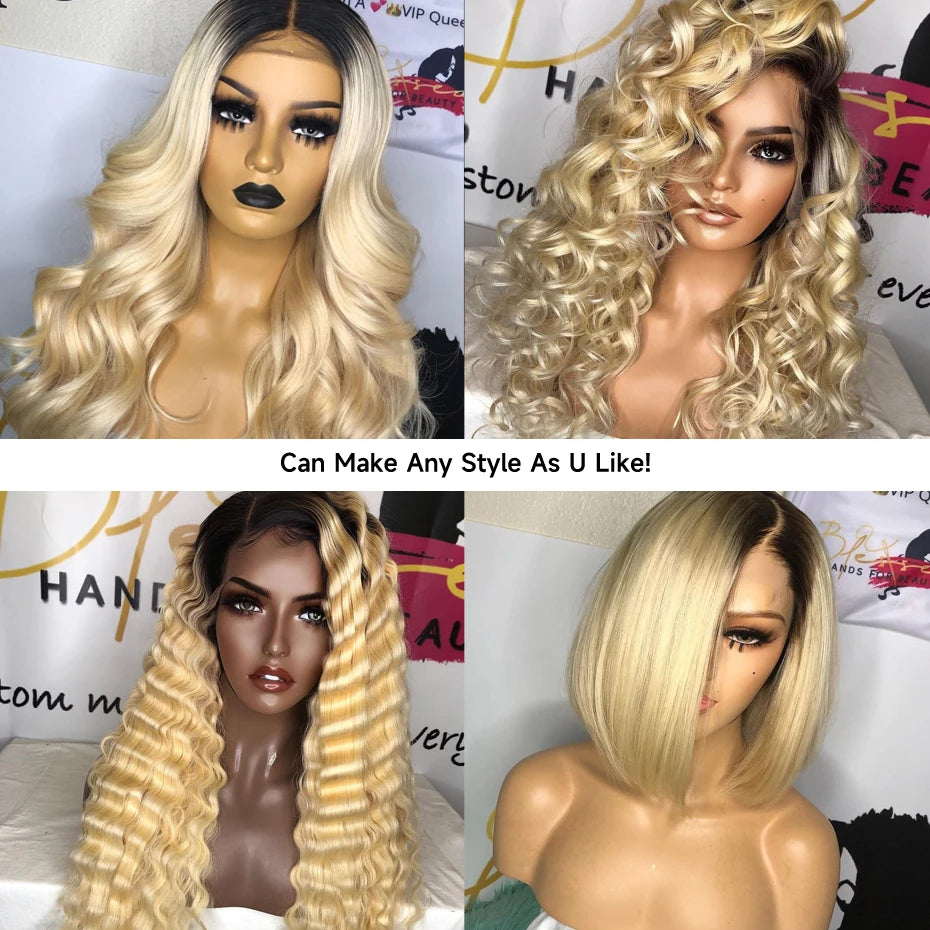 13x6 Lace Frontal Wig 1B 613 Ombre Blonde Full Lace Human Hair Wig Dark Roots Pre Plucked  Lace Front Human Hair Wigs for Women