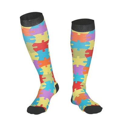 Flo Fashion Bright Pattern Knee-High With Nylon, Yarn & Spandex Compression Sock, Puzzle, L/XL