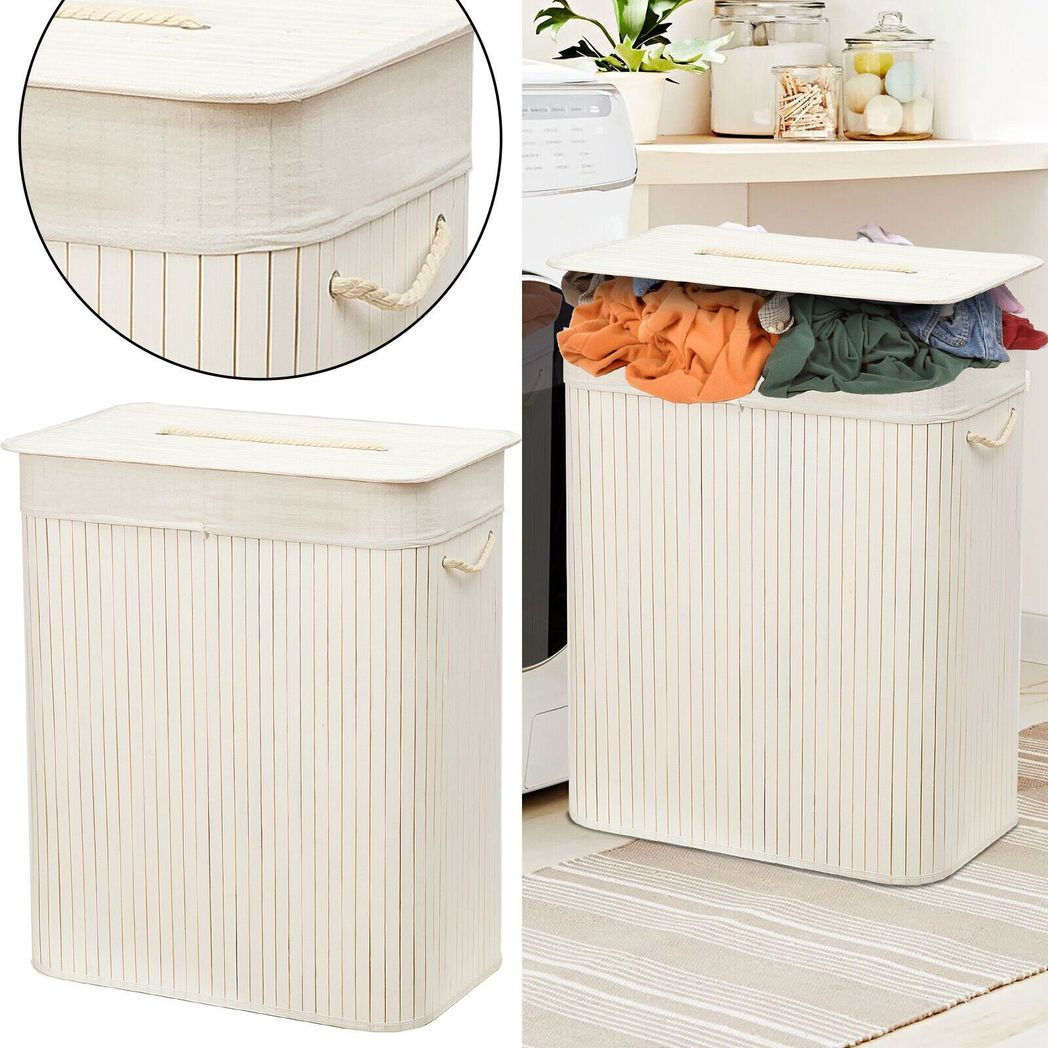 Rectangular Bamboo Laundry Basket-White with Divider