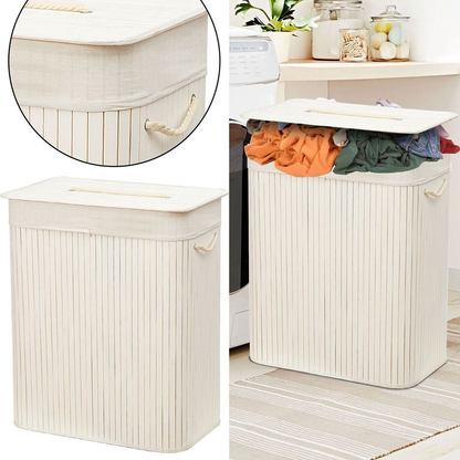 Rectangular Bamboo Laundry Basket-White with Divider