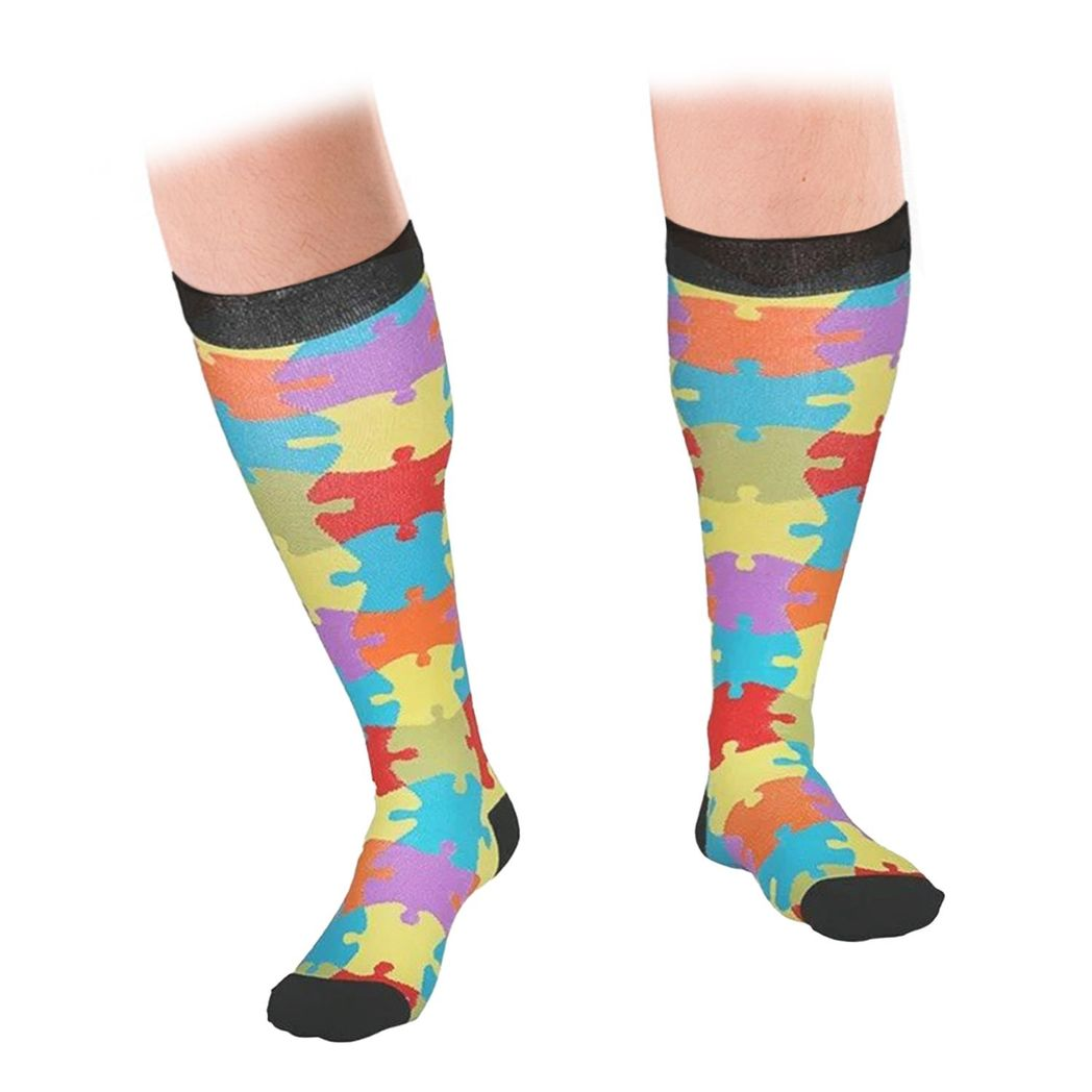 Flo Fashion Bright Pattern Knee-High With Nylon, Yarn & Spandex Compression Sock, Puzzle, L/XL