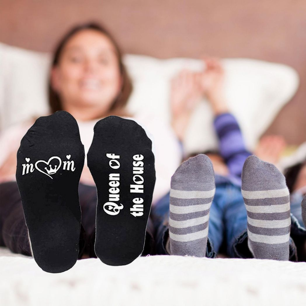 Flo Novelty Cotton Mid Calf Socks with Funny Slogans, Queen of the House, Black