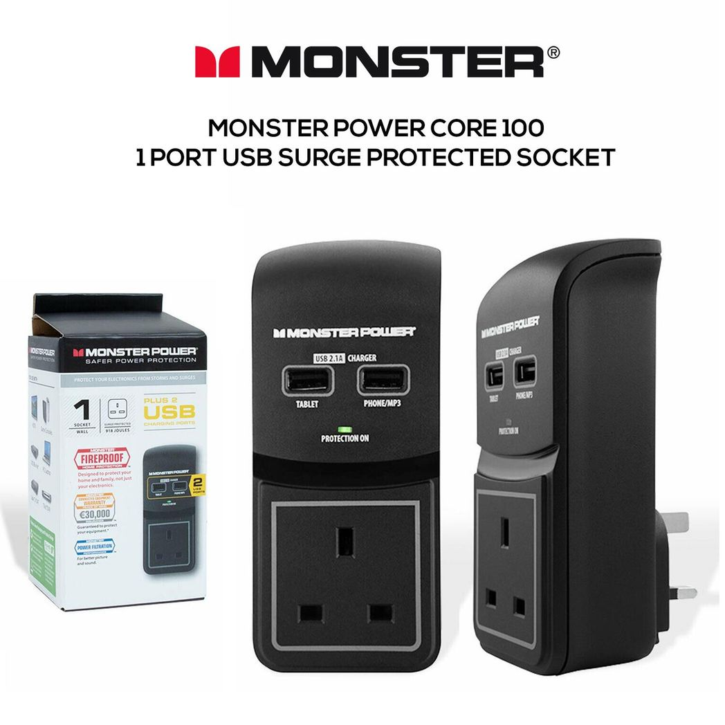 Monster Power Core 100 Surge Protected Socket with 2 USB Charging Ports, Black