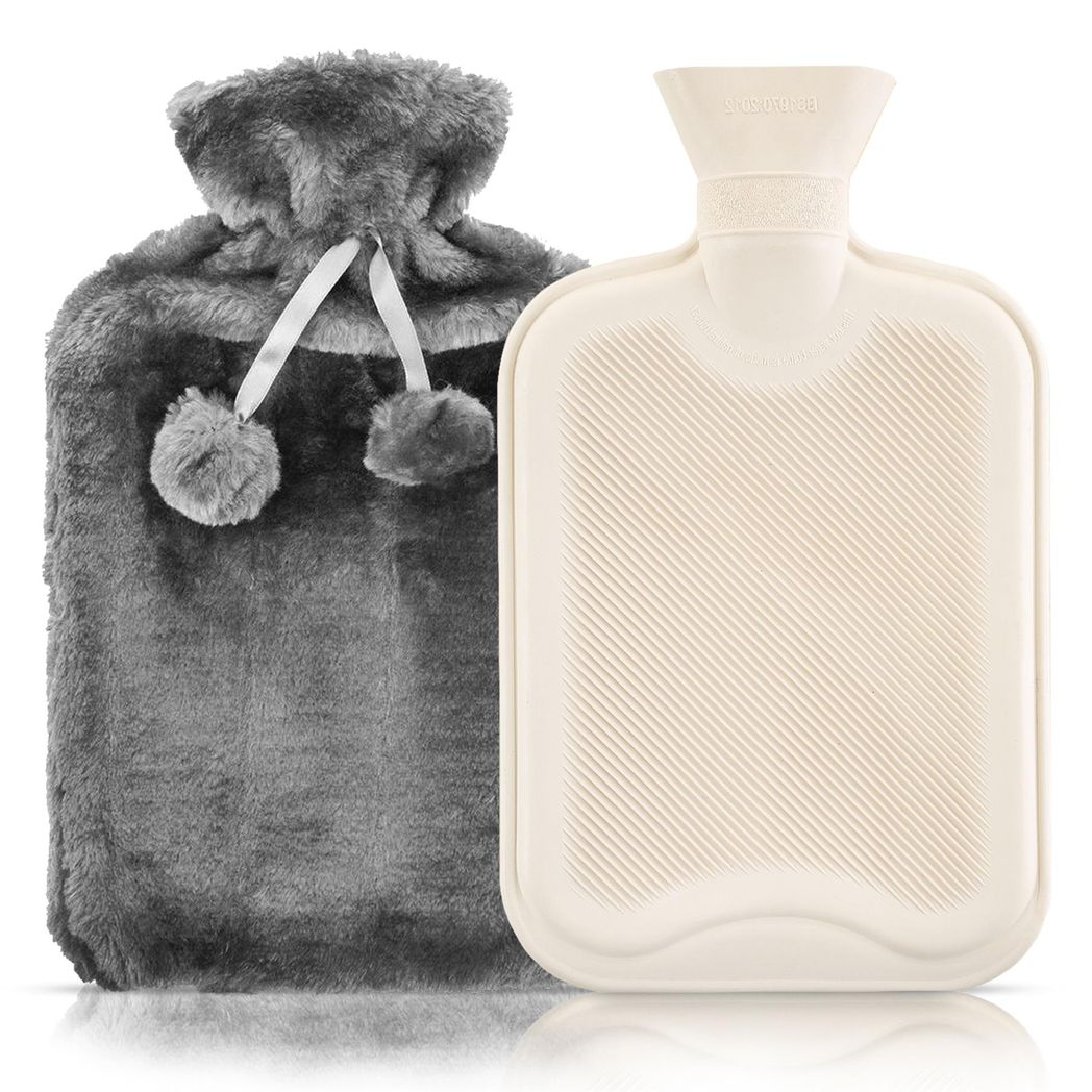 Fluffy Pom Pom Hot Water Bottle 2L - GREY