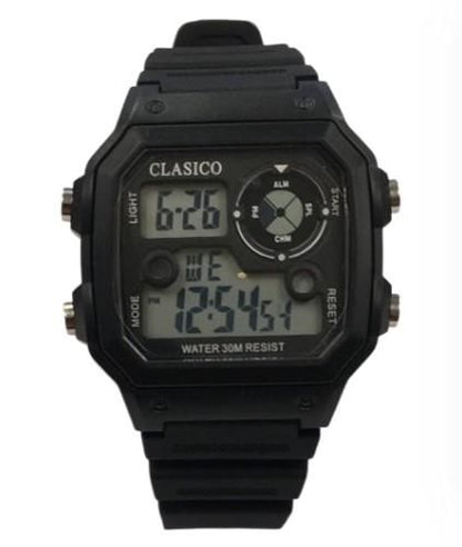 Clasico Mens Digital Water Resistant Black Rubber Strap Watch