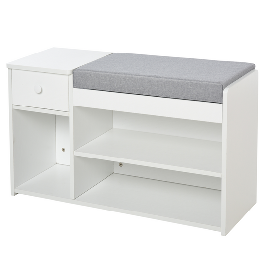Multi-Storage Shoe Bench Drawer 3 Compartments Cushion Home Boots White