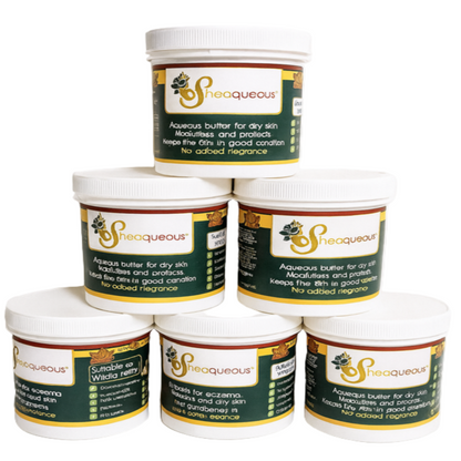 6 Pots of Sheaqueous Aqueous Cream with Organic Shea Butter, Almond Oil, cocoa butter, vitamin E. A natural aqueous cream for very dry skin, for Sensitive Skin, Children, Eczema prone skin , Use in Pregnancy for expanding tummy NO ADDED FRAGRANCE