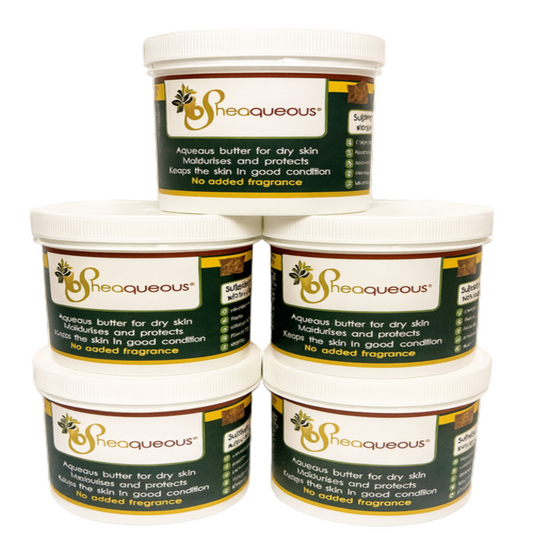5 Pots of Sheaqueous Aqueous Cream with Organic Shea Butter, Almond Oil, cocoa butter, vitamin E. A natural aqueous cream for very dry skin, for Sensitive Skin, Children, Eczema prone skin , Use in Pregnancy for expanding tummy NO ADDED FRAGRANCE